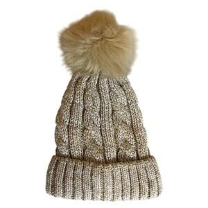 Time & Tru Women's Hat with Pompom OS Beige Tan Cable Knit Faux Fur Lining